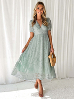 Robe mi-longue fleurie à col en V et manches bouffantes pour femme (2025)