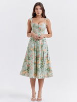 Robe Mi-Longue Fleurie Fendue À Bretelle Lacet Fermeture Éclair Chic Été