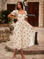 Robe Mi-Longue Fleurie Vintage Volants Manches Courtes Bouffantes Col En Cœur Chic