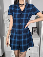 Robe mi-longue gothique femmes boutons noirs motif à carreaux robe chemise à manches courtes