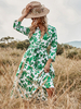 Robe Mi-longue Imprimé avec Manches Longues à Col Revers avec Manches Longues Amples Coupe Cintrée à Lacets Bas Evasée Bicolores Robe Maxi