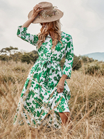 Robe Mi-longue Imprimé avec Manches Longues à Col Revers avec Manches Longues Amples Coupe Cintrée à Lacets Bas Evasée Bicolores Robe Maxi