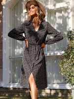 Robe Mi-longue Imprimé avec Manches Longues à Col V Coupe Cintrée Bicolores
