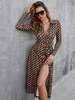 Robe Mi-longue Imprimé Femme à Col Revers avec Manches Longues Coupe Cintrée avec Fente