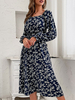 Robe Mi-longue Imprimé Femme à Col Rond avec Manches Longues Amples Coupe Cintrée Bicolores Robe Femme