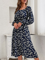 Robe Mi-longue Imprimé Femme à Col Rond avec Manches Longues Amples Coupe Cintrée Bicolores Robe Femme