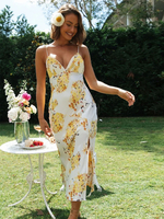 Robe Mi-longue Imprimé Femme avec Bretelles à Col Décolleté en V Coupe Cintrée avec Fente