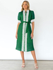Robe Mi-longue Imprimé Femme avec Manches Courtes à Col Montant Coupe Cintrée à Lacets Bicolores