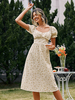Robe Mi-longue Imprimé Femme avec Manches Courtes Amples à Col Carré Coupe Cintrée