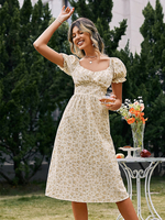 Robe Mi-longue Imprimé Femme avec Manches Courtes Amples à Col Carré Coupe Cintrée
