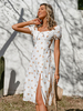 Robe Mi-longue Imprimé Femme avec Manches Courtes Amples à Col Carré Coupe Cintrée avec Fente