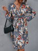 Robe Mi-longue Imprimé Fleurie à Col V avec Manches Longues Amples Coupe Cintrée Robe Femme
