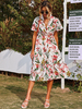 Robe Mi-longue Imprimé Fleurie Femme à Col V avec Manches Courtes Coupe Cintrée Multicolores Robe Eté Robe de Plage
