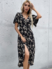 Robe Mi-longue Imprimé Fleurie Femme en Mousseline avec Manches Courtes Volante Coupe Cintrée avec Fente Bicolores Robe Longue