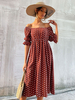 Robe Mi-longue Imprimé Pois Femme à Col Décolleté avec Epaule Dénudée avec Manches Courtes Amples Coupe Cintrée Bas Evasée Bicolores