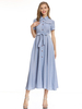Robe Mi-longue Imprimé Rayures à Col Revers avec Manches Courtes Coupe Cintrée à Lacets Bas Evasée Bicolores avec Poches Robe Eté