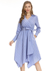 Robe Mi-longue Imprimé Rayures à Col Revers avec Manches Longues Coupe Cintrée à Lacets Bas Evasée Bicolores avec Poches Robe Eté