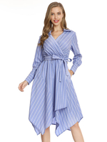 Robe Mi-longue Imprimé Rayures à Col Revers avec Manches Longues Coupe Cintrée à Lacets Bas Evasée Bicolores avec Poches Robe Eté