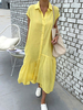 Robe mi-longue jaune à col rabattu Boutons à manches longues en polyester