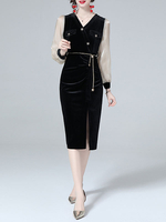 Robe Mi-longue Moulante à Col V avec Manches Longues Coupe Cintrée Bicolores