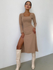 Robe Mi-longue Moulante Femme à Col Carré avec Manches Longues Coupe Cintrée avec Fente Unicolore