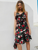 Robe mi-longue noire à encolure en V sans manches en polyester imprimé floral Robe décontractée au genou Robe dété