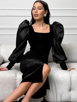 Robe mi-longue noire à manches longues bouffantes col carré coupe ajustée robe de soirée semi-formelle pour femmes 2025