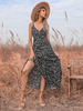 Robe mi-longue noire bretelles col sans manches imprimé floral plissé polyester fendu robe dété décontractée