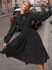 Robe mi-longue noire col en V manches longues à lacets en polyester robe dété mi-longue