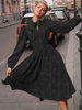 Robe mi-longue noire manches longues à lacets motif à pois superposés robes patineuse en polyester