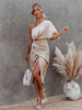 Robe Mi-longue Plissée Dos Nu Sexy À Une Épaule Manches Courtes Robe Fendue