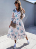 Robe mi-longue pour femme motif imprimé floral plissé en mousseline de soie décontractée à col en V à manches longues robe dété