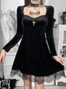 Robe mi-longue pour femme noire avec col en cœur et dentelle à manches longues; robe gothique en polyester