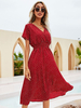 Robe mi-longue rouge col en V manches courtes en polyester à pois Robe dété mi-longue