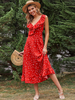 Robe mi-longue rouge col en V sans manches imprimé polyester décontracté longueur genou robe dété