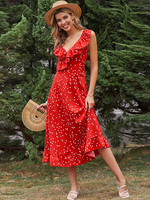 Robe mi-longue rouge col en V sans manches imprimé polyester décontracté longueur genou robe dété