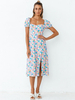 Robe Midi Col Carré Manches Courtes Robe Dété En Polyester Imprimé Floral