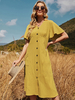Robe Midi Col V Manches Courtes Polyester Jaune Longueur Genou Robe Décontractée