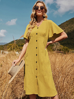 Robe Midi Col V Manches Courtes Polyester Jaune Longueur Genou Robe Décontractée