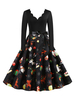 Robe midi de Noël des années 1950 noire à manches longues robe Rockabilly encolure festonnée