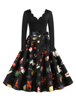Robe midi de Noël des années 1950 noire à manches longues robe Rockabilly encolure festonnée