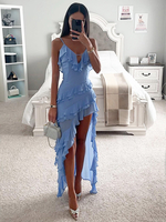 Robe Midi Volants Dos Nu Polyester Bretelles Sexy Col En V Sans Manches