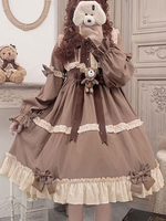 Robe Mignonne Lolita OP Polyester Manches Longues Volants Nœuds Robe Lolita Une Pièce Marron