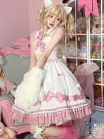 Robe Mignonne Lolita OP Polyester Sans Manches Arcs Volants Robe Une Pièce Blanche Lolita Chat