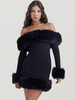 Robe mini à bordure en fausse fourrure à épaules dénudées robes de fête danniversaire sexy
