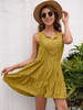Robe Mini Courte Femme avec Bretelles à Col V à Lacets Bas Evasée Unicolore