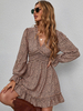 Robe Mini Courte Imprimé à Col V avec Manches Longues Amples Coupe Cintrée Bas Volantes Bicolores Robe Eté