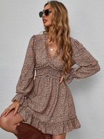 Robe Mini Courte Imprimé à Col V avec Manches Longues Amples Coupe Cintrée Bas Volantes Bicolores Robe Eté