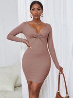 Robe Moulant Courte Femme à Col Décolleté en V avec Manches Longues Coupe Cintrée Unicolore Robe Sexy