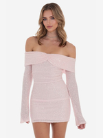 Robe moulante à paillettes en rose épaules dénudées manches longues mini robe de fête danniversaire pour femmes 2025